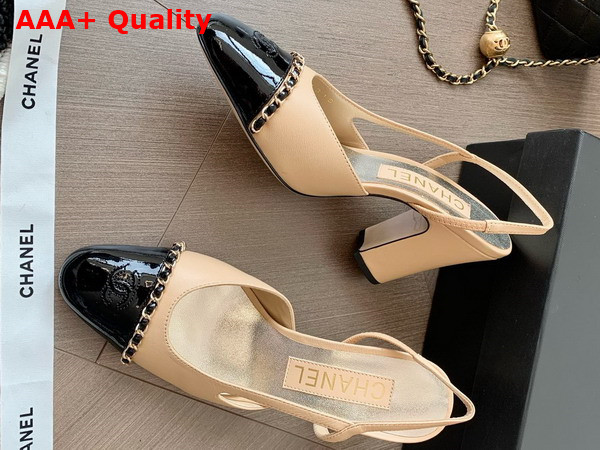Chanel Slingback Pump in Beige and Black Lambskin and Patent Calfskin Replica