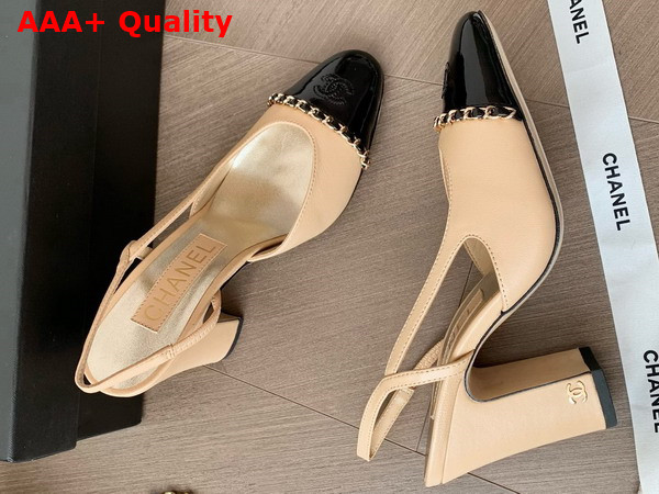Chanel Slingback Pump in Beige and Black Lambskin and Patent Calfskin Replica