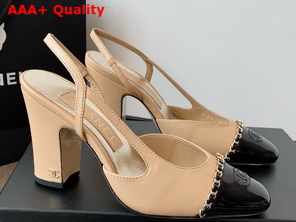 Chanel Slingback Pump in Beige and Black Lambskin and Patent Calfskin Replica