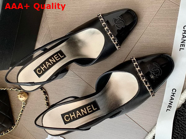 Chanel Slingback Pump in Black Lambskin and Patent Calfskin Replica