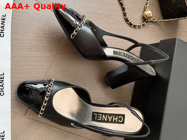 Chanel Slingback Pump in Black Lambskin and Patent Calfskin Replica