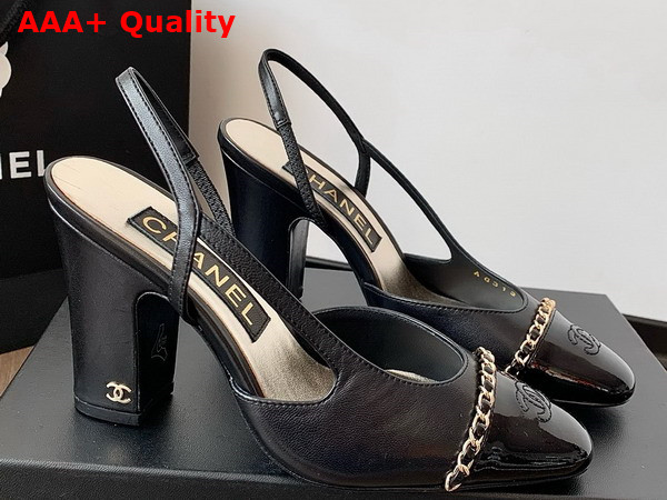 Chanel Slingback Pump in Black Lambskin and Patent Calfskin Replica