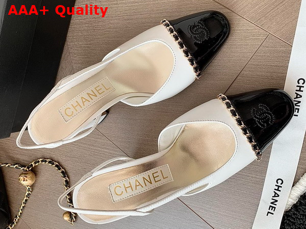 Chanel Slingback Pump in White and Black Lambskin and Patent Calfskin Replica