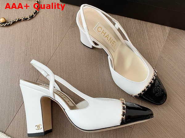 Chanel Slingback Pump in White and Black Lambskin and Patent Calfskin Replica
