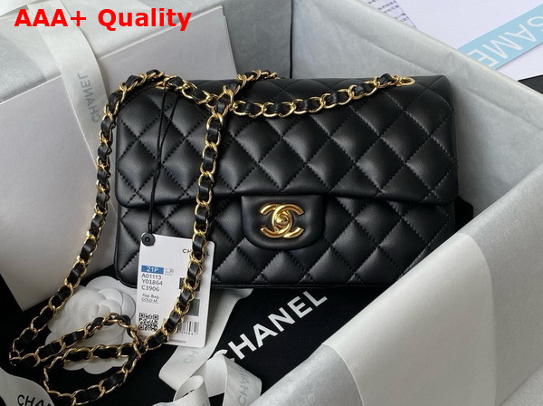 Chanel Small Classic Handbag in Black Lambskin and Gold Tone Metal A01113 Replica