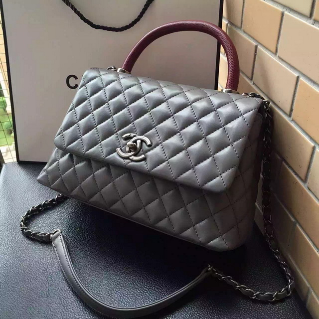 Chanel Small Coco Handle Bag Grey Lambskin Lizard Handle for Sale