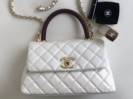 Chanel Small Coco Handle Bag in White Caviar Leather with Gold Hardware