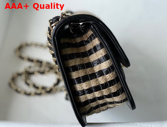 Chanel Small Flap Bag Raffia Jute Thread and Gold Tone Metal Black and Beige Ref AS2418 Replica