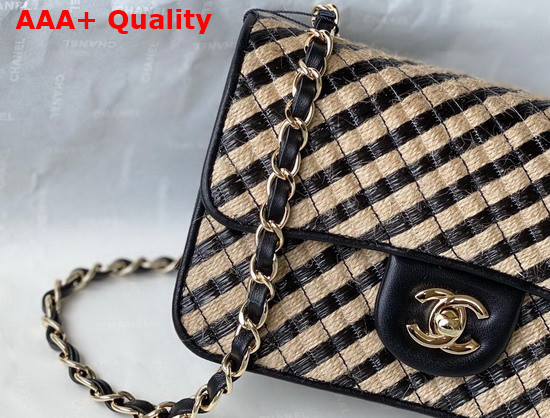Chanel Small Flap Bag Raffia Jute Thread and Gold Tone Metal Black and Beige Ref AS2418 Replica