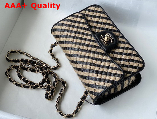 Chanel Small Flap Bag Raffia Jute Thread and Gold Tone Metal Black and Beige Ref AS2418 Replica