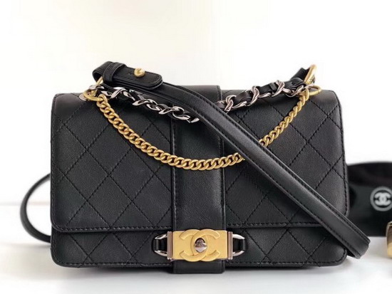 Chanel Small Flap Bag in Black Calfskin Ruthenium Finish and Gold Tone Metal