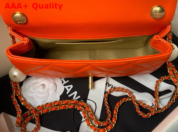 Chanel Small Flap Bag in Orange Lambskin Imitation Pearls Gold Tone Metal As4861 Replica
