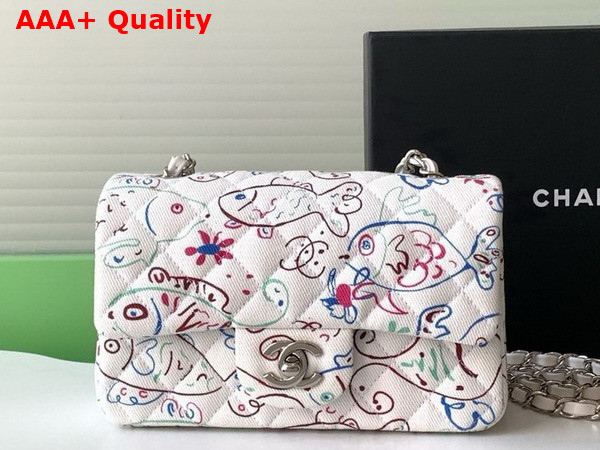 Chanel Small Flap Bag in White Canvas with Multicolor Fish Print Replica