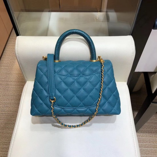 Chanel Small Flap Bag with Lizard Top Handle Ocean Blue Grained Calfskin