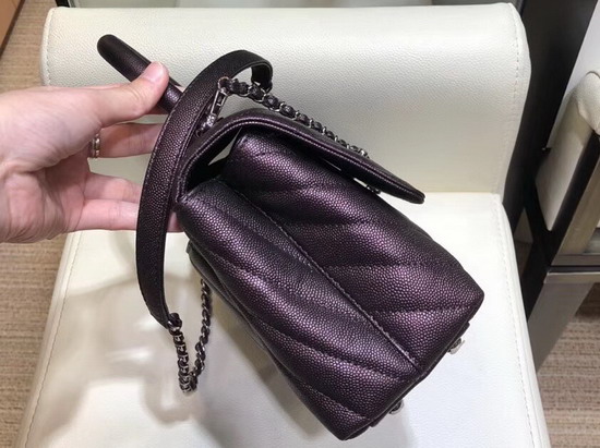 Chanel Small Flap Bag with Top Handle Dark Purple Chevron Grained Calfskin