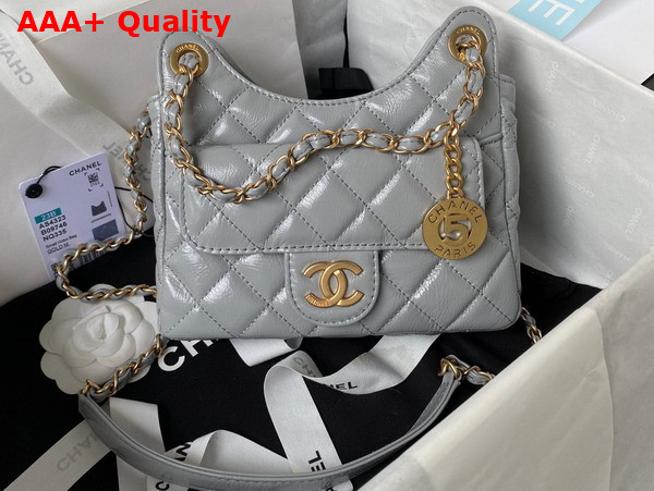 Chanel Small Hobo Handbag in Light Grey Shiny Crumpled Calfskin Gold Tone Metal AS4323 Replica