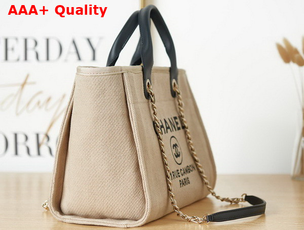 Chanel Small Shopping Bag in Beige Mixed Fibers and Black Leather Replica