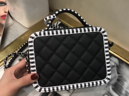 Chanel Small Vanity Case Black and White Grained Calfskin Silver Tone Metal A93342