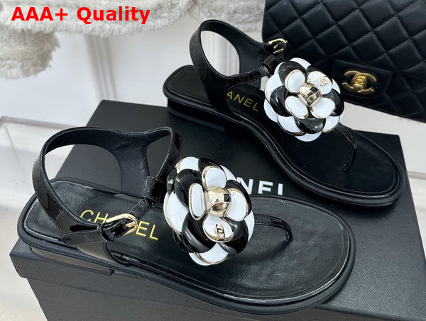 Chanel Thong Sandal in Black Patent Leather with Leather Camellia Replica