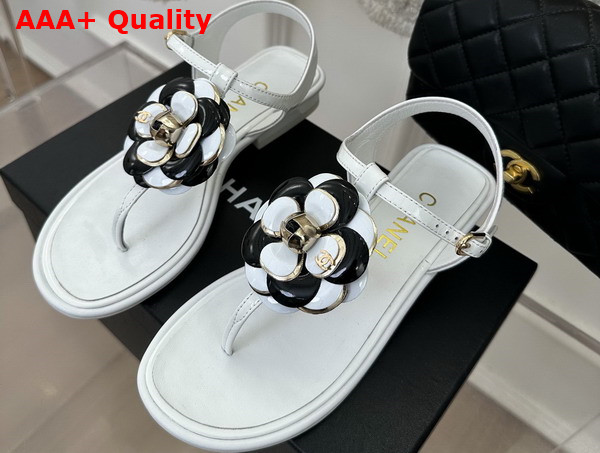 Chanel Thong Sandal in White Patent Leather with Leather Camellia Replica