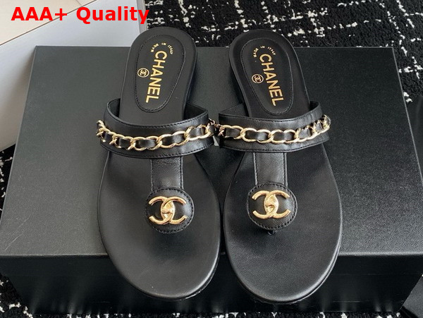 Chanel Thongs in Black Lambskin with Metal Chain Details Replica