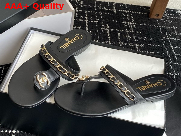 Chanel Thongs in Black Lambskin with Metal Chain Details Replica
