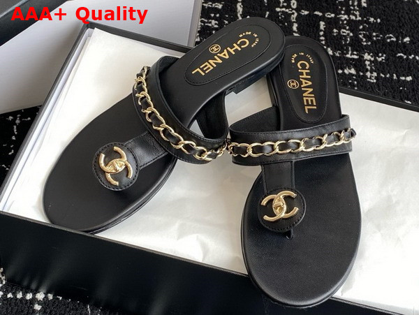 Chanel Thongs in Black Lambskin with Metal Chain Details Replica