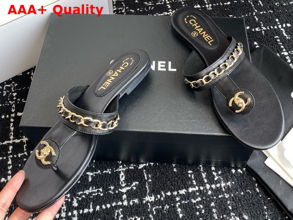 Chanel Thongs in Black Lambskin with Metal Chain Details Replica