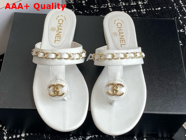 Chanel Thongs in White Lambskin with Metal Chain Details Replica