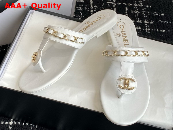 Chanel Thongs in White Lambskin with Metal Chain Details Replica