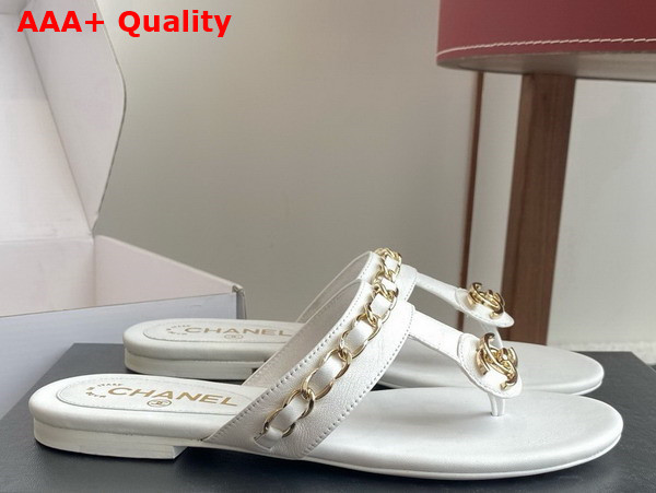 Chanel Thongs in White Lambskin with Metal Chain Details Replica