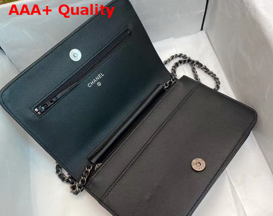 Chanel Wallet On Chain Black Calfskin Gold Tone Silver Tone and Ruthenium Finish Metal Replica