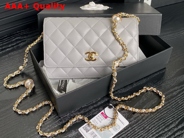 Chanel Wallet On Chain Gray Shiny Lambskin Imitation Pearls Gold Tone Metal AP4282 Replica