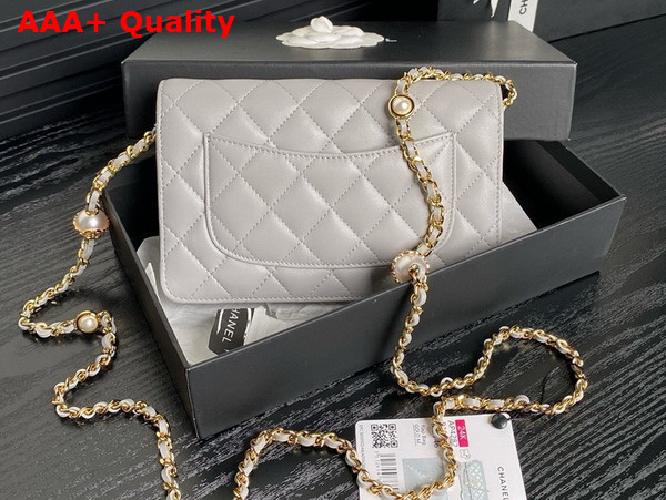Chanel Wallet On Chain Gray Shiny Lambskin Imitation Pearls Gold Tone Metal AP4282 Replica