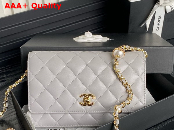 Chanel Wallet On Chain Gray Shiny Lambskin Imitation Pearls Gold Tone Metal AP4282 Replica