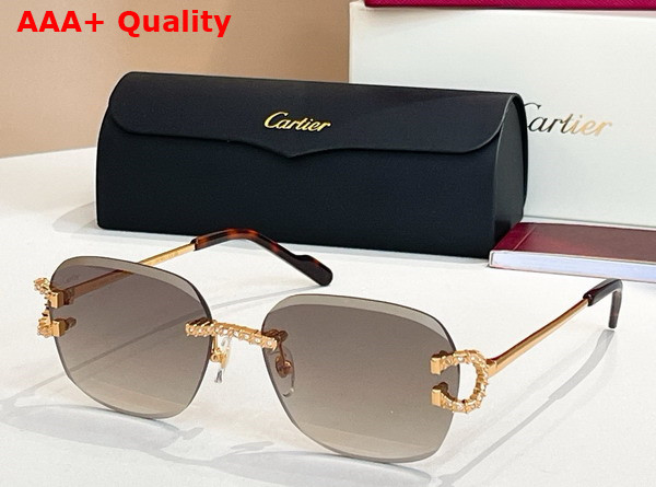 Cartier Sunglasses Classic C De Cartier Motif Smooth Golden Finish Metal with Diamonds Green Lenses Replica