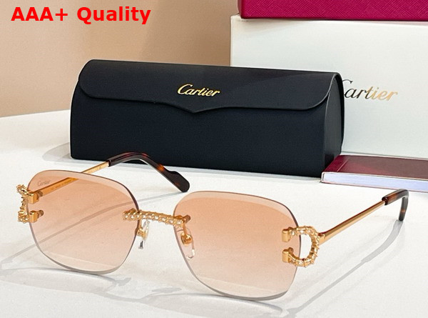 Cartier Sunglasses Classic C De Cartier Motif Smooth Golden Finish Metal with Diamonds Green Lenses Replica