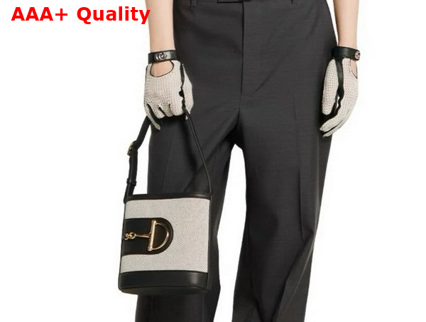 Gucci 73 Mini Bucket Bag in Natural Canvas and Black Leather Trim 833665 Replica