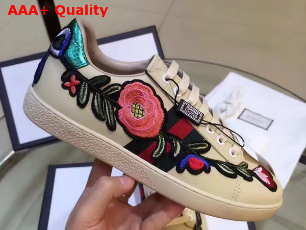 Gucci Ace Embroidered Low Top Sneaker in Beige with Flower Replica