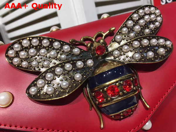 Gucci Broadway Leather Clutch in Red with Pearl Studs and Metal Bee Replica
