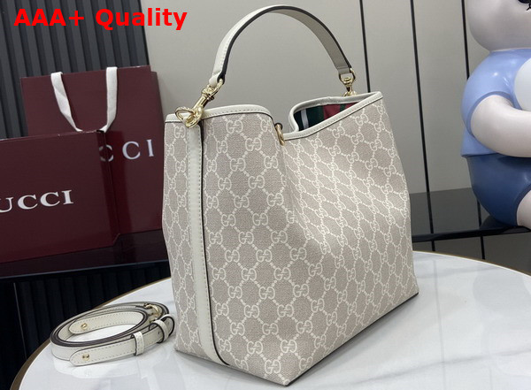 Gucci GG Emblem Small Shoulder Bag in Beige and White New GG Monogram Coated Fabric 815103 Replica