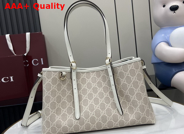 Gucci GG Emblem Small Tote Bag in Beige and White New GG Monogram Coated Fabric 815214 Replica