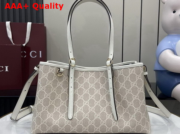 Gucci GG Emblem Small Tote Bag in Beige and White New GG Monogram Coated Fabric 815214 Replica
