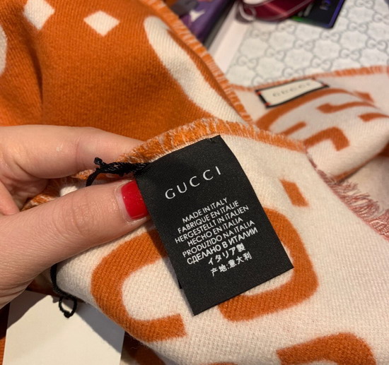 Gucci GG Jacquard Wool Silk Scarf in Orange and Beige Wool Silk