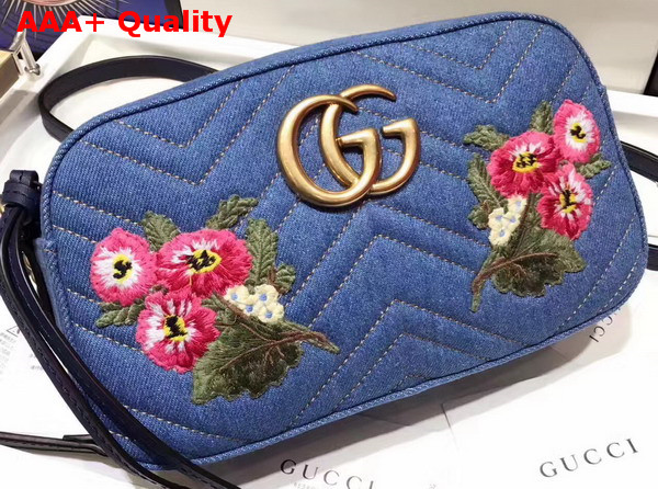 Gucci GG Marmont Embroidered Denim Shoulder Bag Blue Chevron Replica
