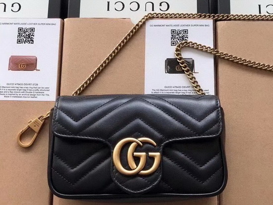 Gucci GG Marmont Matelasse Leather Super Mini Bag in Black Chevron Leather 476433 Replica