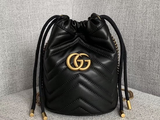 Gucci GG Marmont Mini Bucket Bag in Black Matelasse Chevron Leather with a Heart on The Back 575163