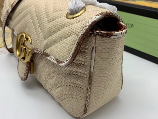 Gucci GG Marmont Raffia Small Shoulder Bag Beige Matelasse Chevron Raffia with a Heart Cream and Brown Snakeskin Trim 443497