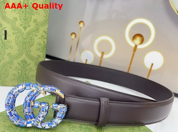 Gucci GG Marmont Thin Belt with Crystals in Chocolate Leather 772651 Replica