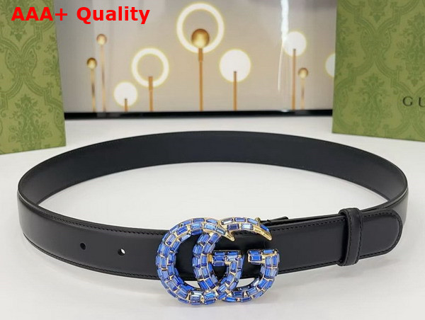 Gucci GG Marmont Thin Belt with Crystals in Dark Blue Leather 772651 Replica